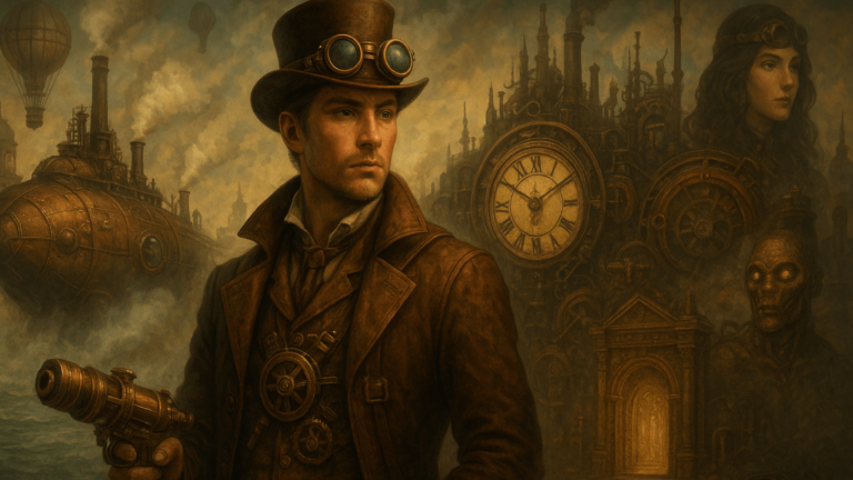 Arte steampunk com explorador de cartola, submarino a vapor e engrenagens ao fundo.