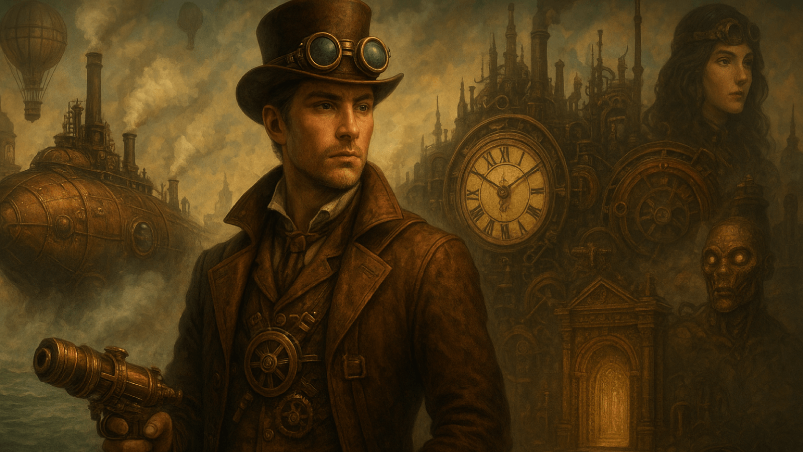 Arte steampunk com explorador de cartola, submarino a vapor e engrenagens ao fundo.