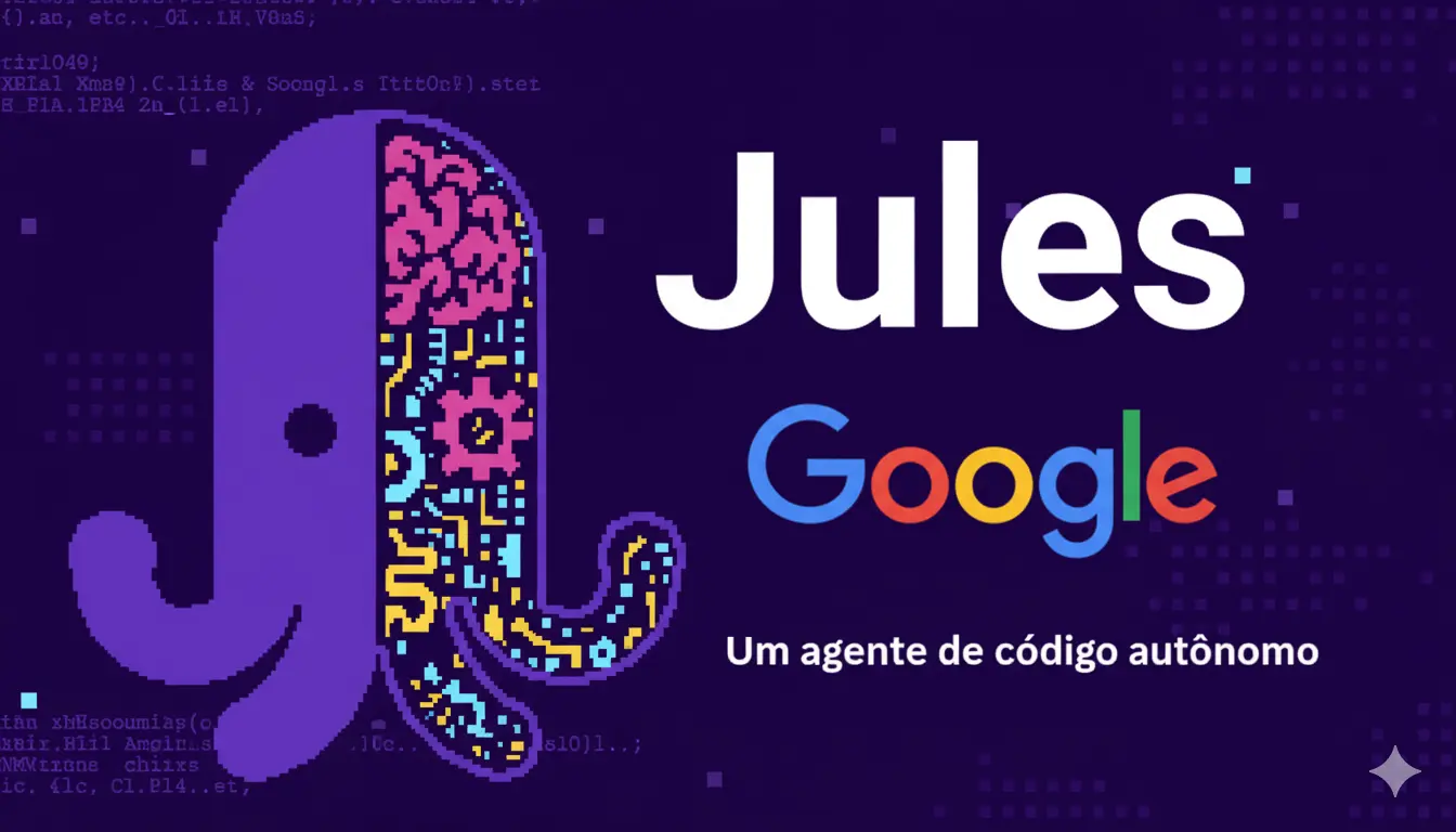 Ícone de polvo do Jules, com o nome Jules e logo do Google no fundo roxo com códigos no background