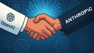 Duas mãos (uma representando a OpenAI e outra a Anthropic) se unindo com um brilho de IA ao fundo, representando a parceria entre as duas empresas para melhoria da segurança de IA.
