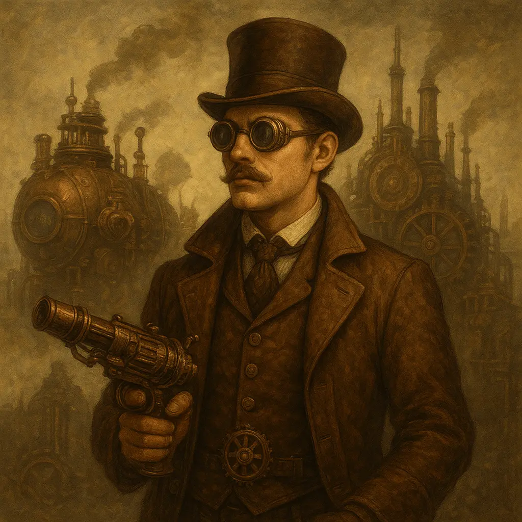 Homem steampunk de cartola e óculos, segurando pistola a vapor diante de engrenagens e máquinas vitorianas.
