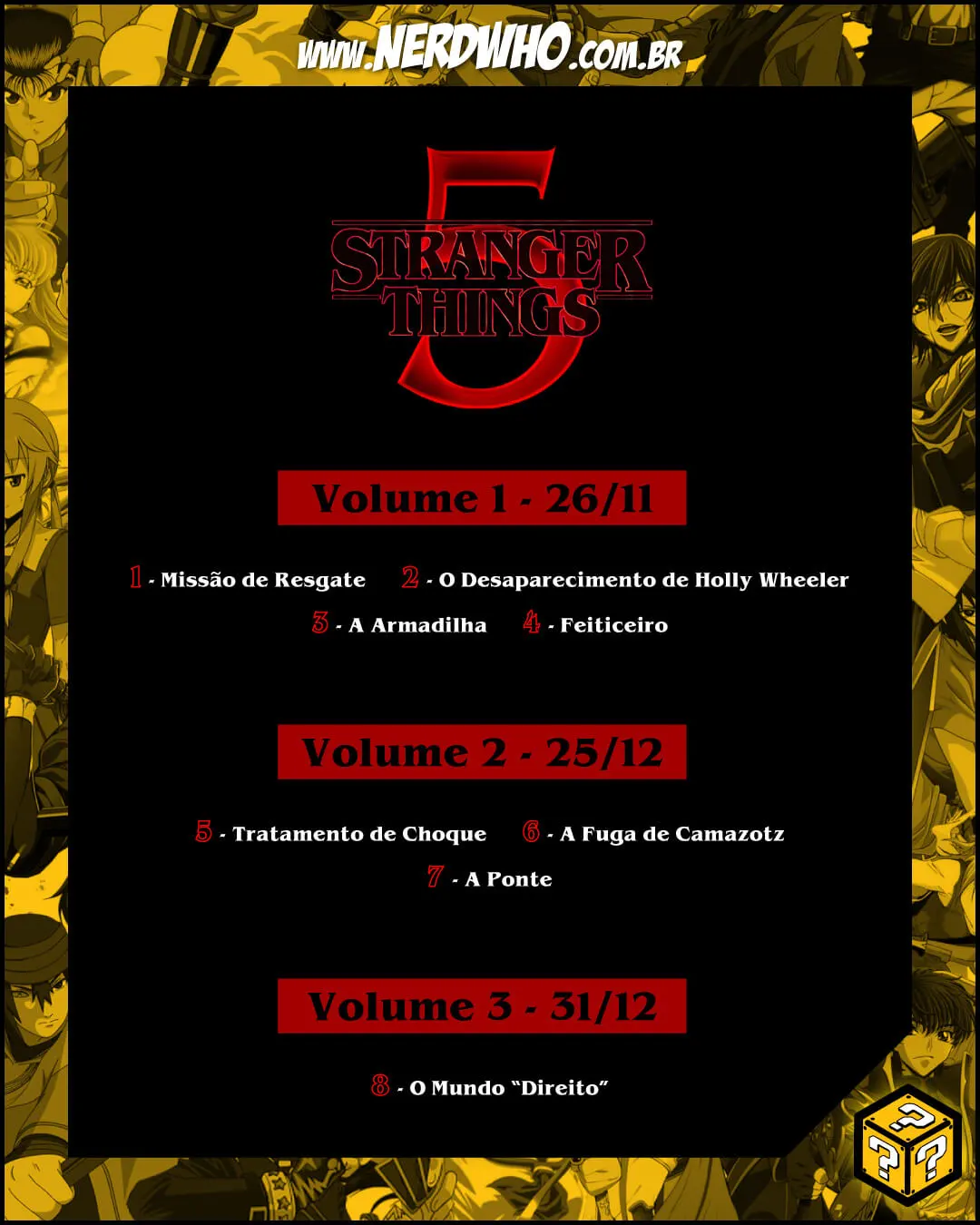 Post do Instagram da Nerd Who com as Datas e Episódios da Temporada Final de Stranger Things