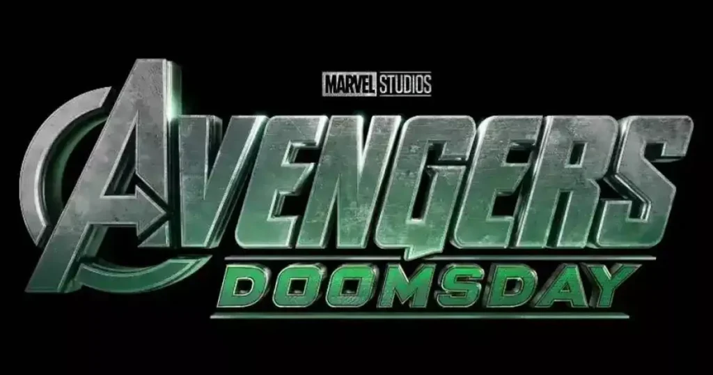 Logo do Título do filme Avengers Doomsday com fundo preto e letras levemente esverdeadas