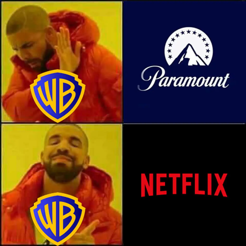 Meme do rapper Drake com o logotipo da Warner Bros. Discovery no rosto. Na imagem superior, ele faz um gesto de desaprovação para o logo da Paramount. Na imagem inferior, ele sorri e aponta positivamente para o logo da Netflix.