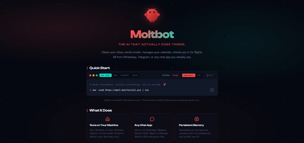 Página inicial do Moltbot a IA Agêntica