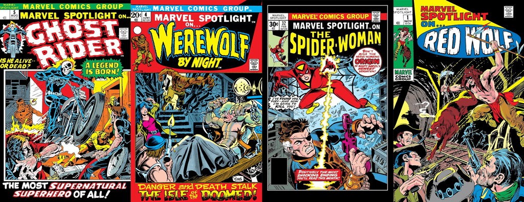 Capas de Quadrinhos com selo Marvel Spotlight: Motoqueiro Fantasma; Werewolf; Mulher-Aranha; Red Wolf